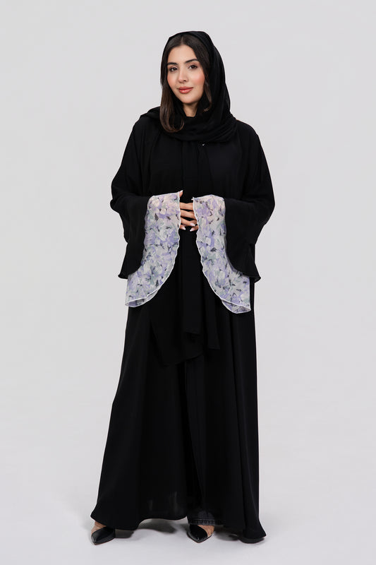 Elegant Modern Abaya with Floral Chiffon in Flared Cuffs.