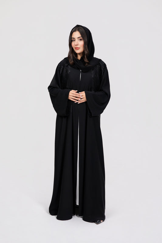 Black on Black Leaf Embroidery Abaya