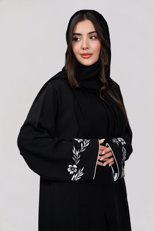 White Floral Trace Embroidery Abaya