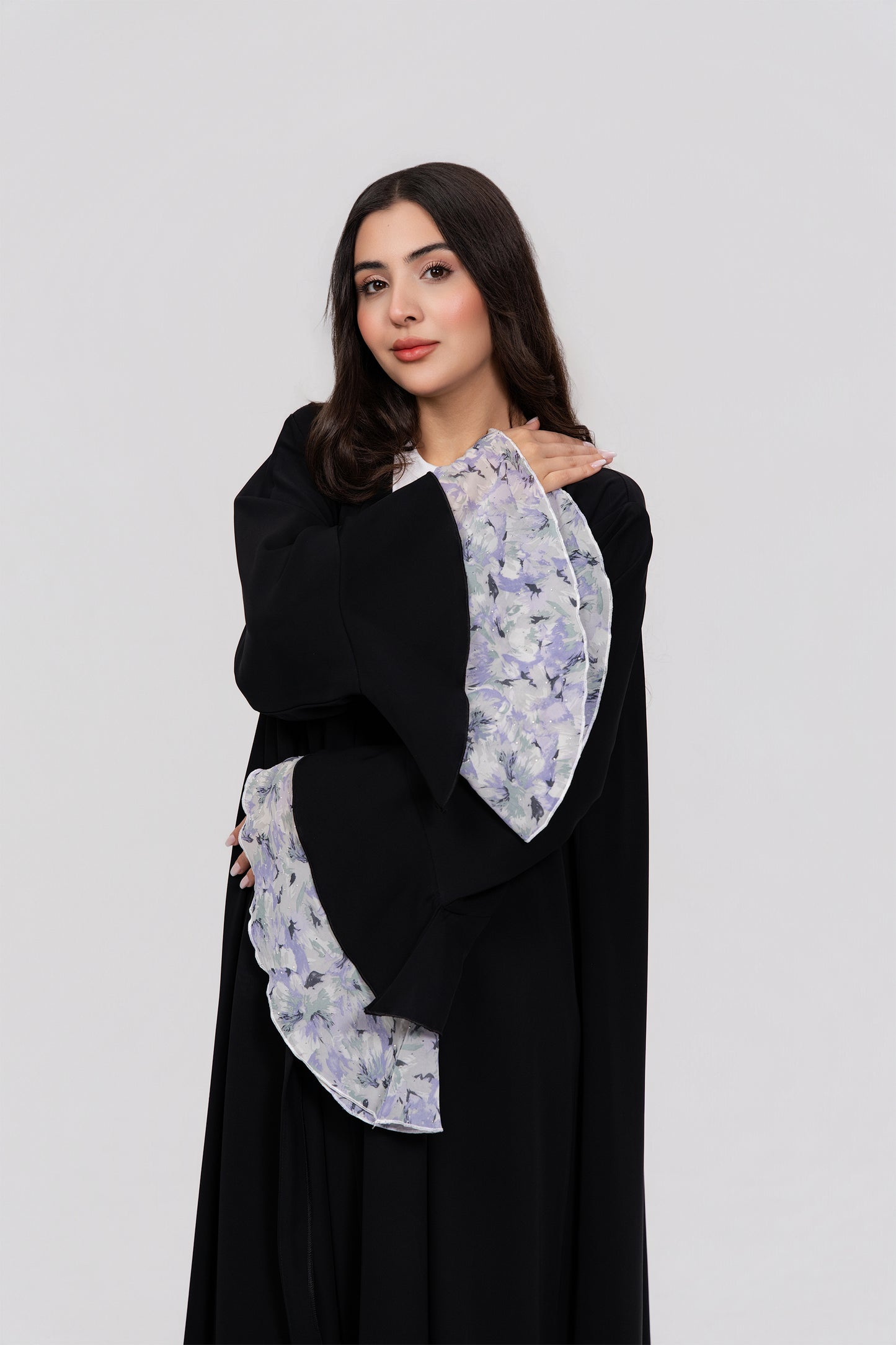 Elegant Modern Abaya with Floral Chiffon in Flared Cuffs.