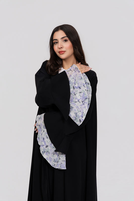 Elegant Modern Abaya with Floral Chiffon in Flared Cuffs.
