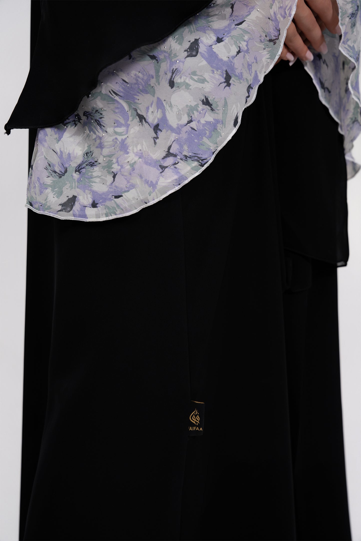 Elegant Modern Abaya with Floral Chiffon in Flared Cuffs.