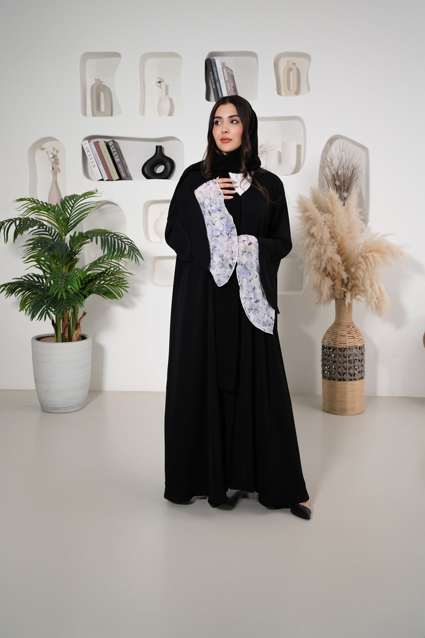 Elegant Modern Abaya with Floral Chiffon in Flared Cuffs.