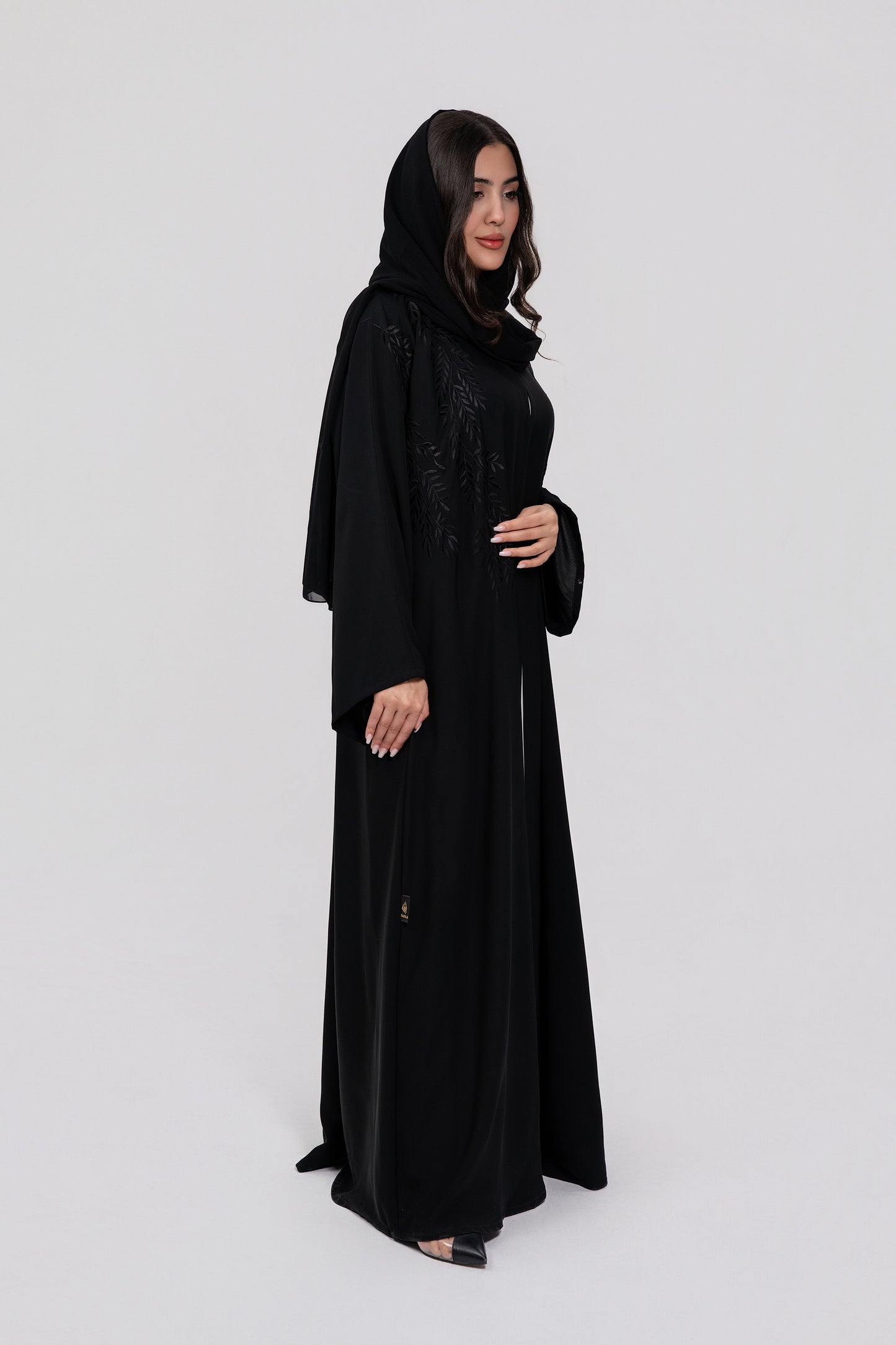 Black on Black Leaf Embroidery Abaya
