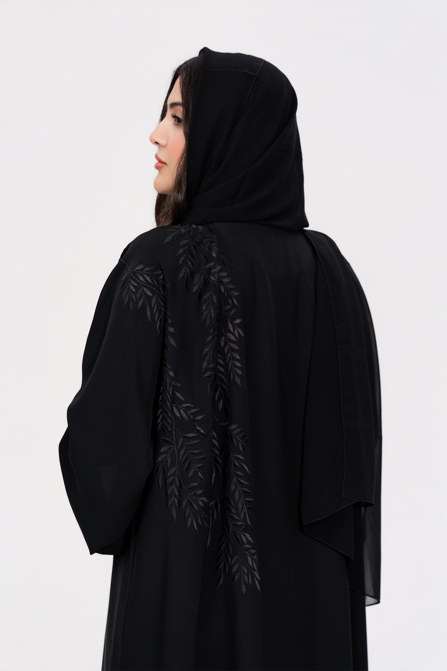 Black on Black Leaf Embroidery Abaya