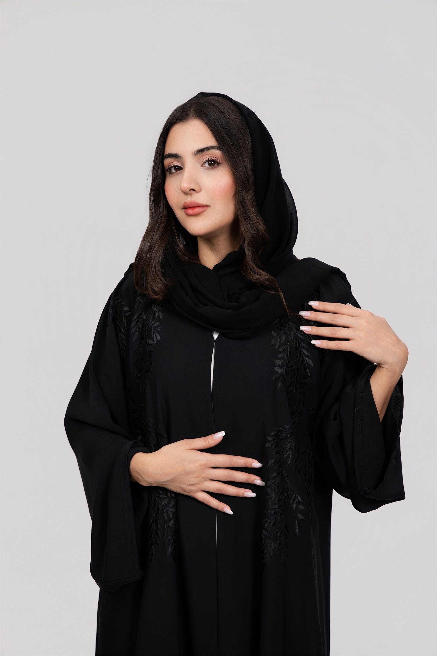 Black on Black Leaf Embroidery Abaya