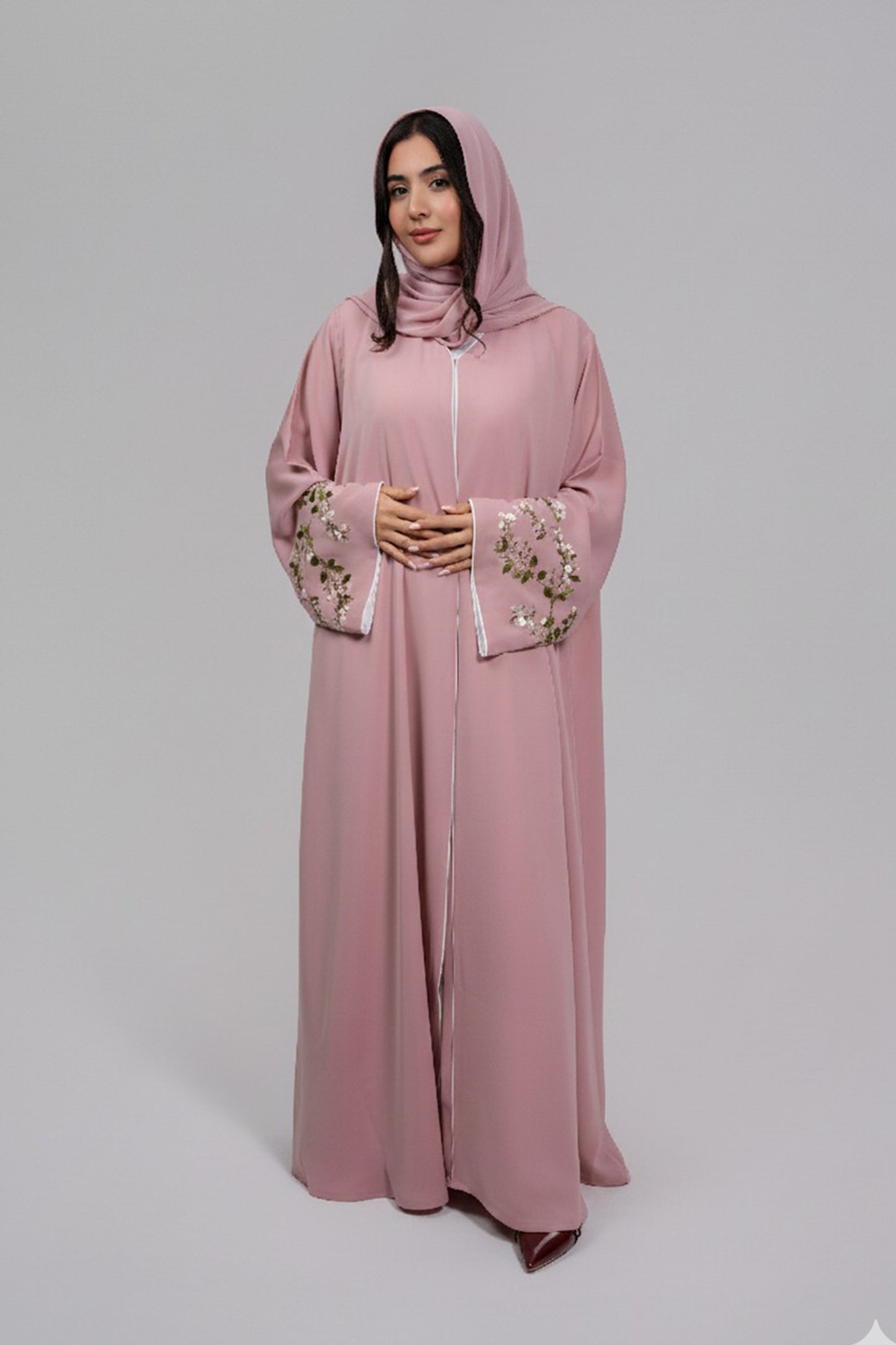 Light Pink Abaya with Floral Embroidery