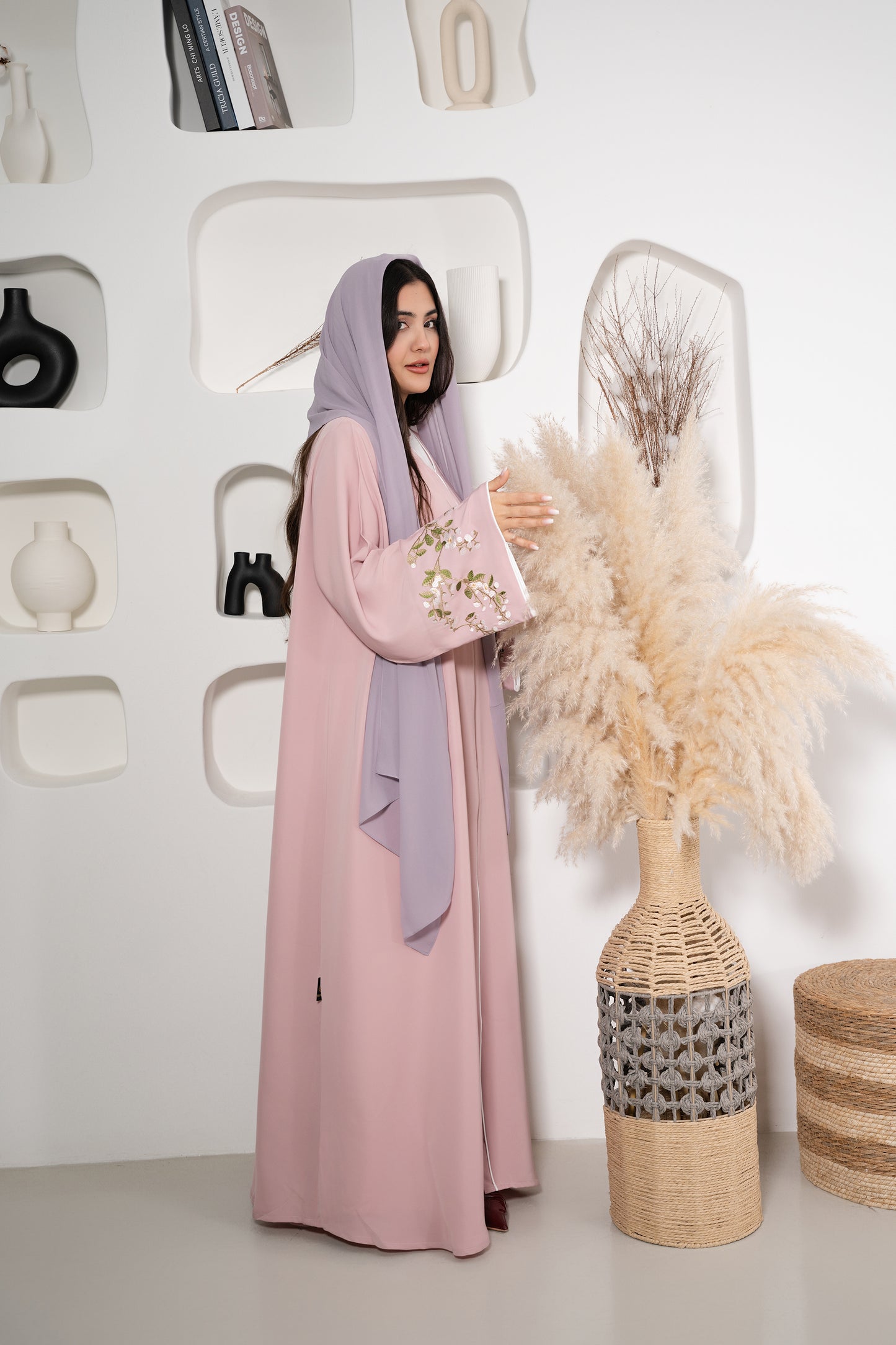 Light Pink Abaya with Floral Embroidery